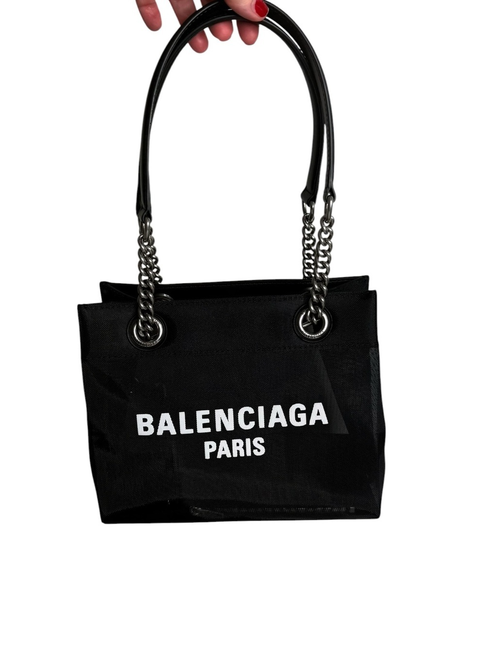Balenciaga Black Logo Canvas Chain Tote Bag with Pouch